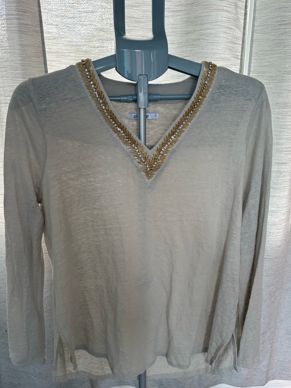 Chico’s Size 2 US Large 100% Linen Gold Beaded V Neck Top
